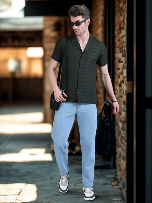 Imported Taiwan Stripe Textured Shirt - Olive