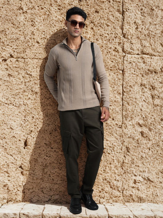 Brown Zipper Full Sleeve Knitted T-Shirt
