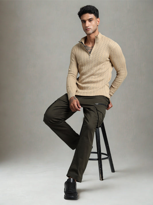 Light Brown Zipper Full Sleeve Knitted T-Shirt