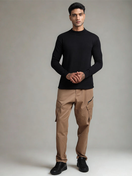 Black Cotton Knitted Full Sleeve Knitted T-Shirt