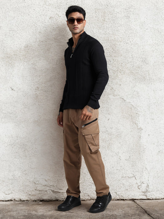 Black Zipper Full Sleeve Knitted T-Shirt