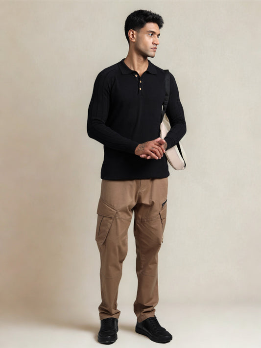 Black Cotton Knitted Polo Full Sleeve Knitted T-Shirt