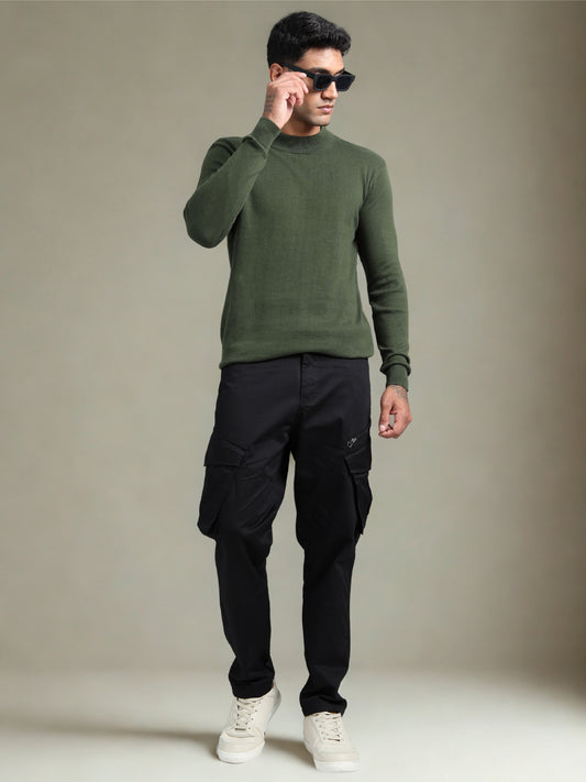 Olive Ribbed Texture Full Sleeve T-Shirt