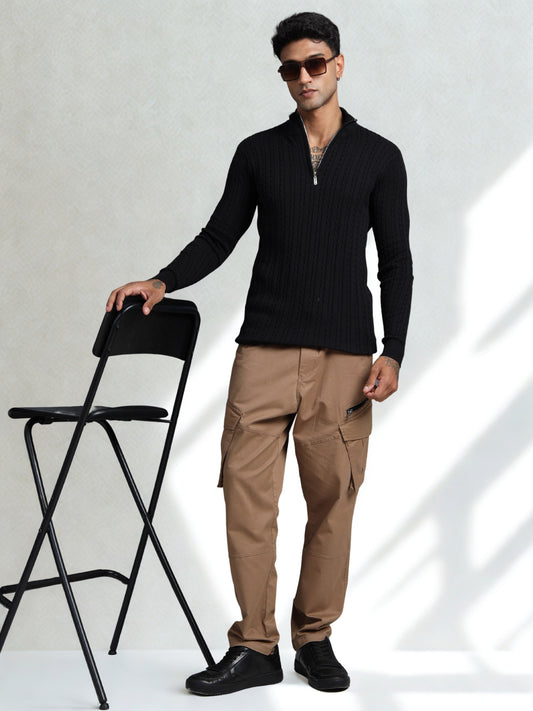 Black Cotton Knitted Turtle Neck Full Sleeve Knitted T-Shirt