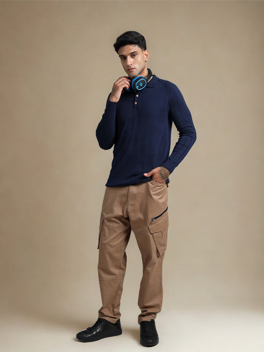 Navy Cotton Knitted Polo Neck Full Sleeve Knitted T-Shirt