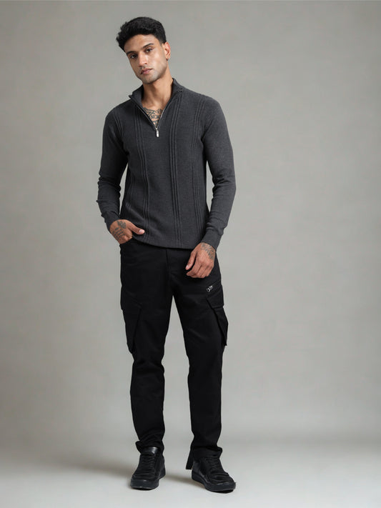 Charcoal Zipper Full Sleeve Knitted T-Shirt