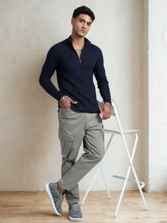 Midnight Blue Full Sleeve Zipper Knitted T-Shirt