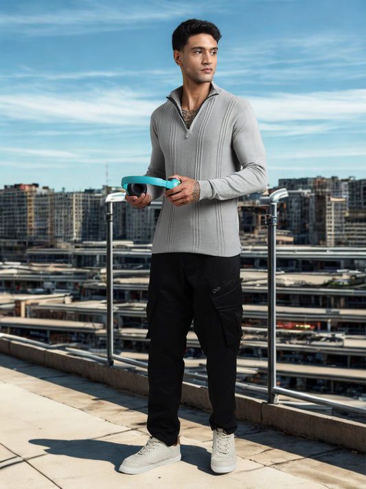 Light Grey Cotton Knitted Zipper Full Sleeve T-Shirt