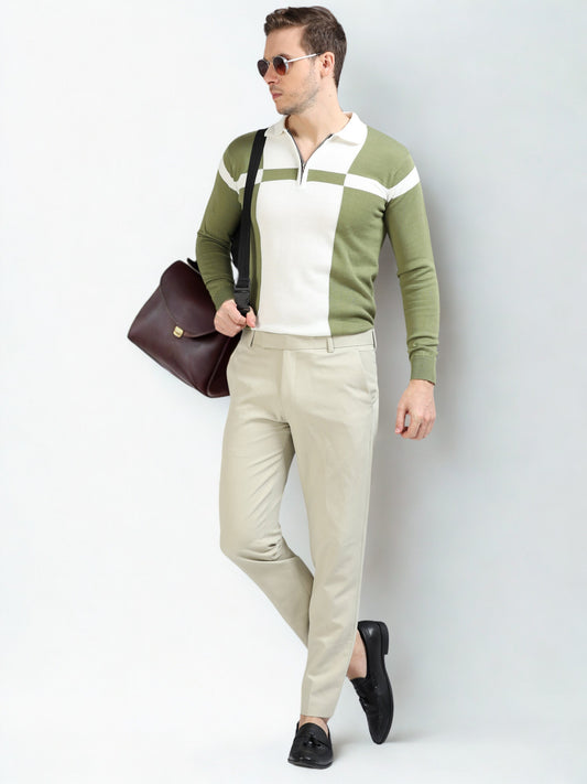 Pannel Design Full Sleeve Zipper Polo - Pistachio