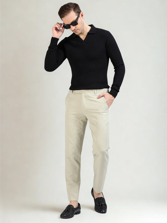 Ribbed Texture Full Sleeve Polo T-Shirt Black