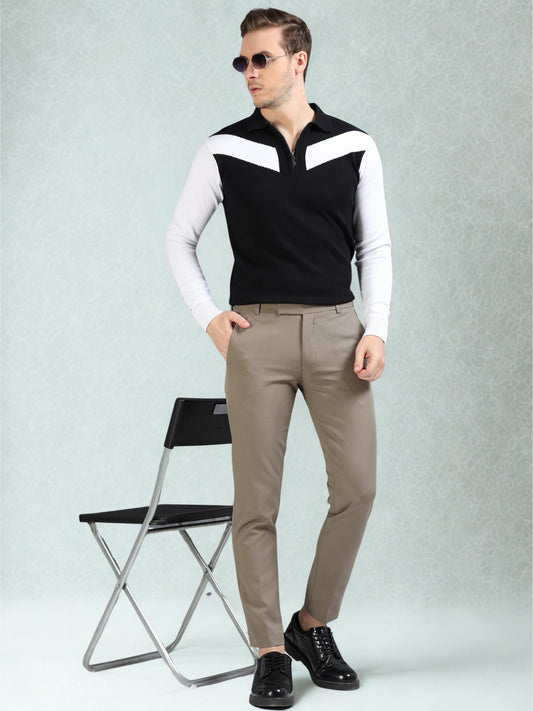 Pannel Design Full Sleeve Zipper Polo - Jet Black