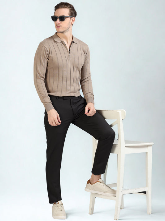 Ribbed Texture Full Sleeve T-Shirt Beige