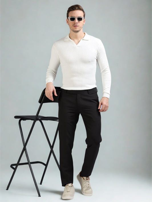 Ribbed Texture Full Sleeve T-Shirt White