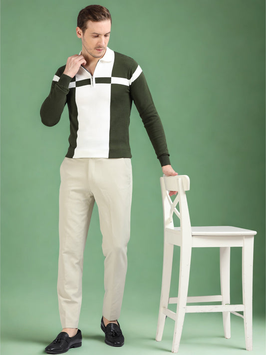 Pannel Design Full Sleeve Zipper Polo - Dark Green
