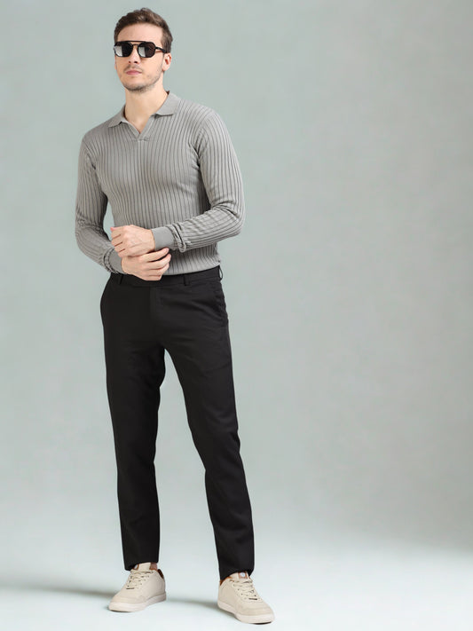 Ribbed Texture Full Sleeve Polo T-Shirt Grey