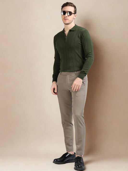 Ribbed Texture Full Sleeve T-Shirt Olive