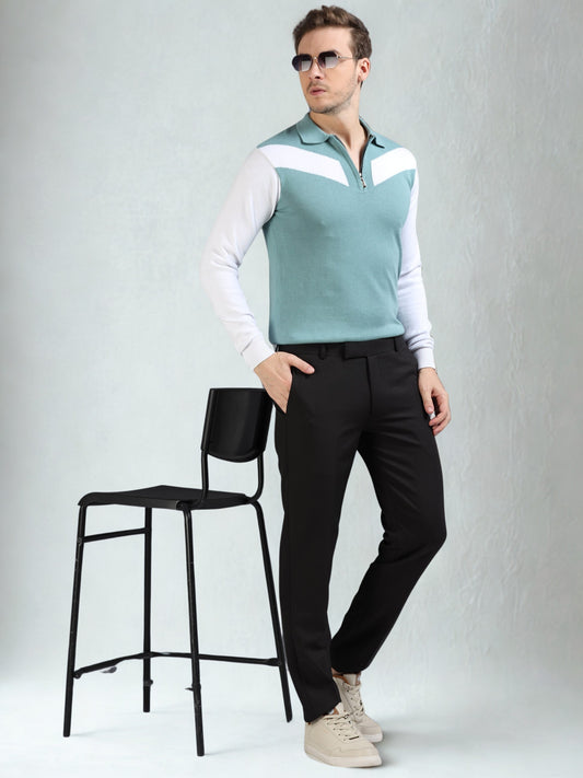 Pannel Design Full Sleeve Zipper Polo - Sky Blue