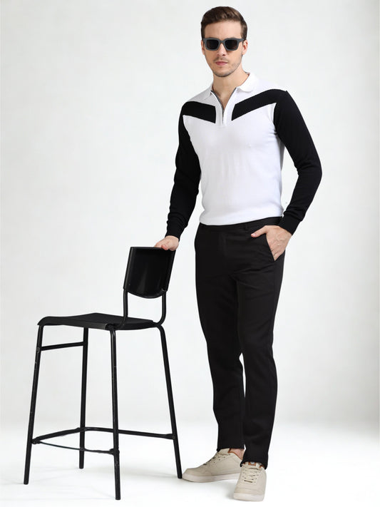 Pannel Design Full Sleeve Zipper Polo - White