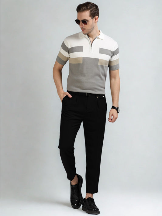 Grey and White Pannel Design Polo T-shirt