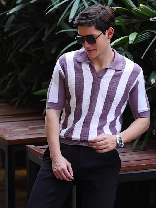 Ribbed Design Zipper Polo T-Shirt- Mauve Purple