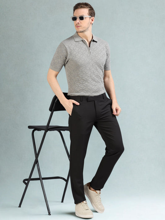 Ribbed Design Zipper Polo T-Shirt- Grey