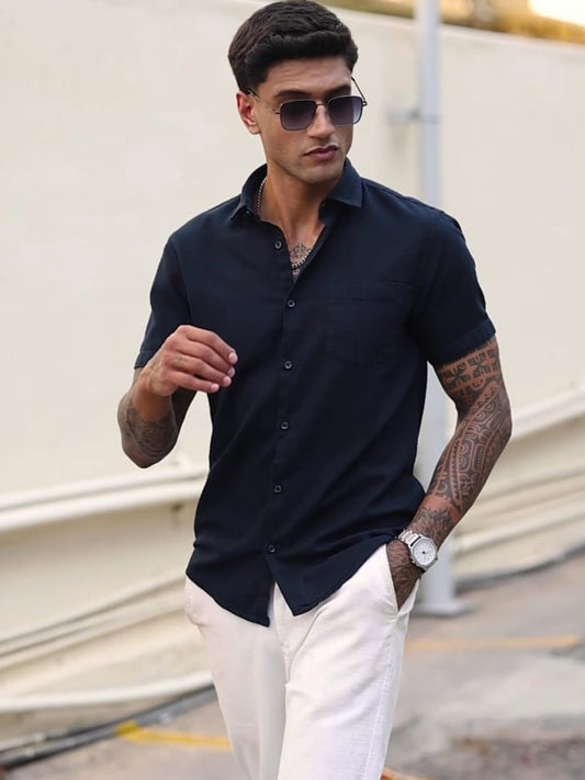 NAVY BLUE  TEXTURED FABRIC HALF SLEEVES SHIRTS