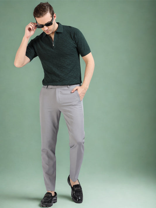 Ribbed Design Zipper Polo T-Shirt- Dark Green