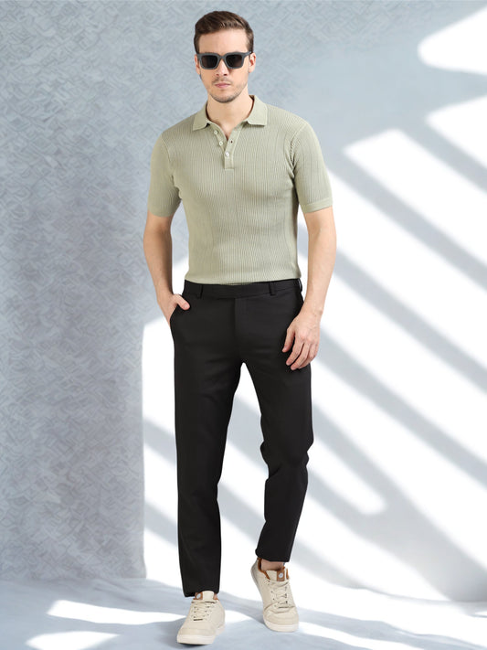 Ribbed Design Zipper Polo T-Shirt- Pistachio