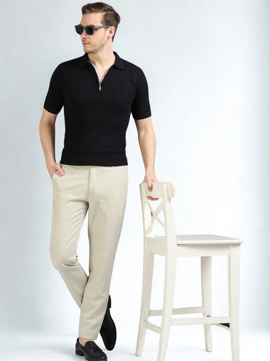 Ribbed Design Zipper Polo T-Shirt- Black