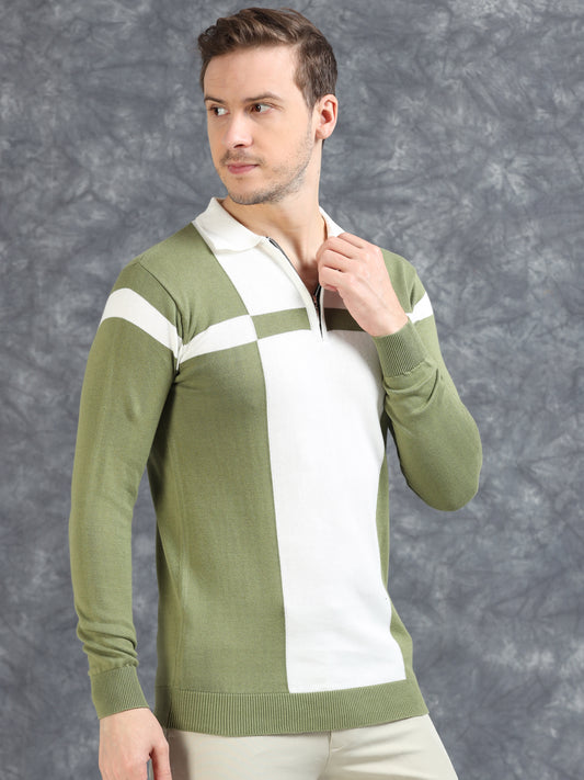 Pannel Design Full Sleeve Zipper Polo - Pistachio