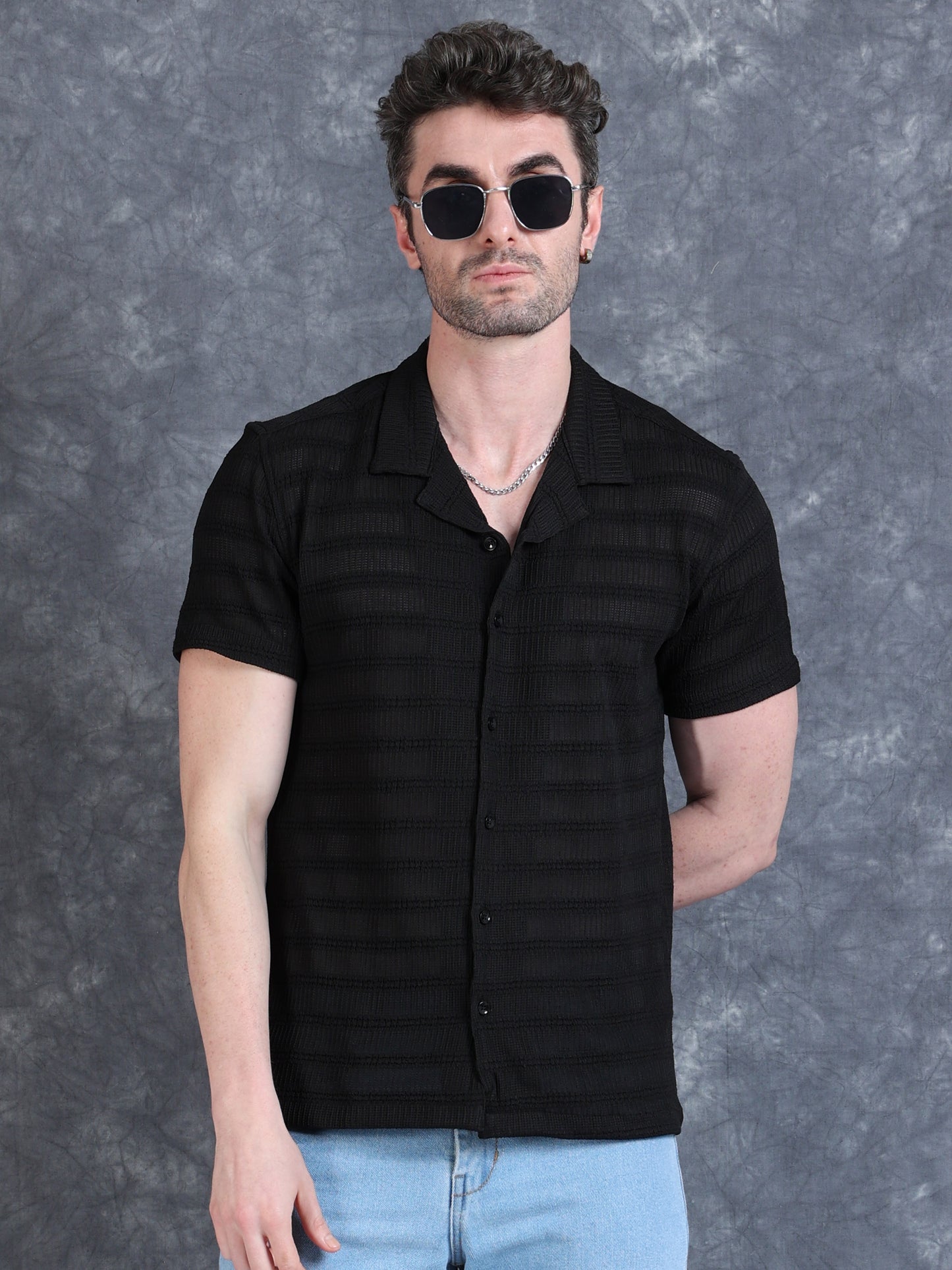 Imported Taiwan Stripe Textured Shirt -Black