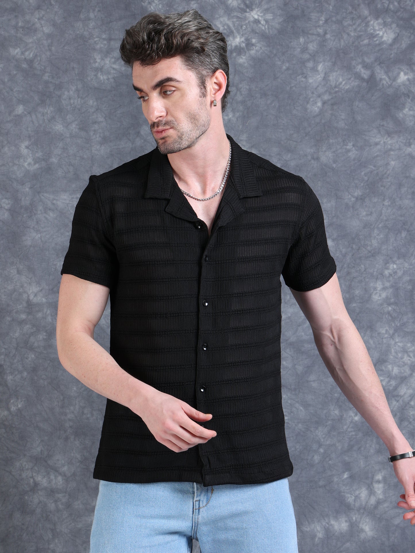 Imported Taiwan Stripe Textured Shirt -Black