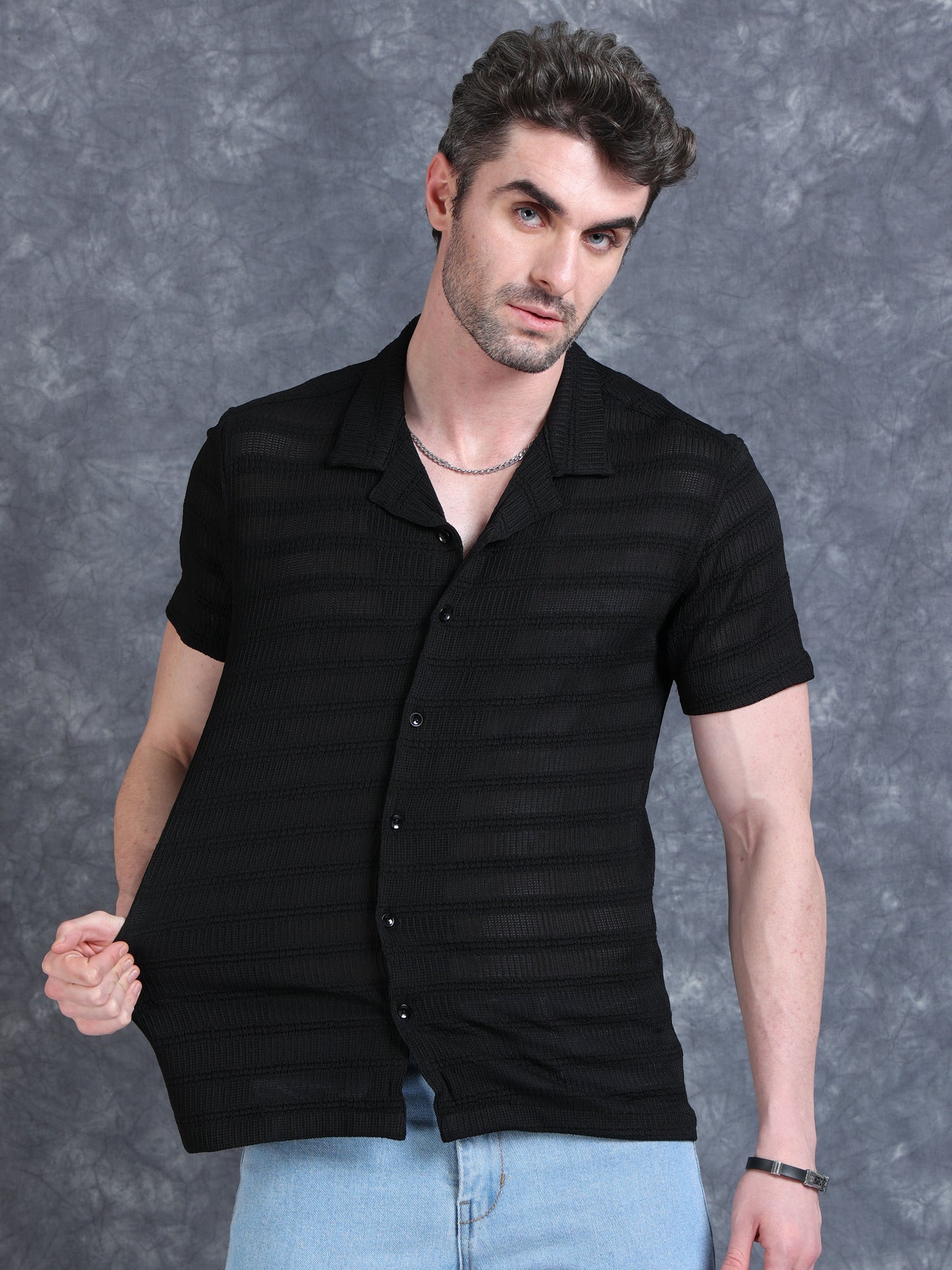 Imported Taiwan Stripe Textured Shirt -Black