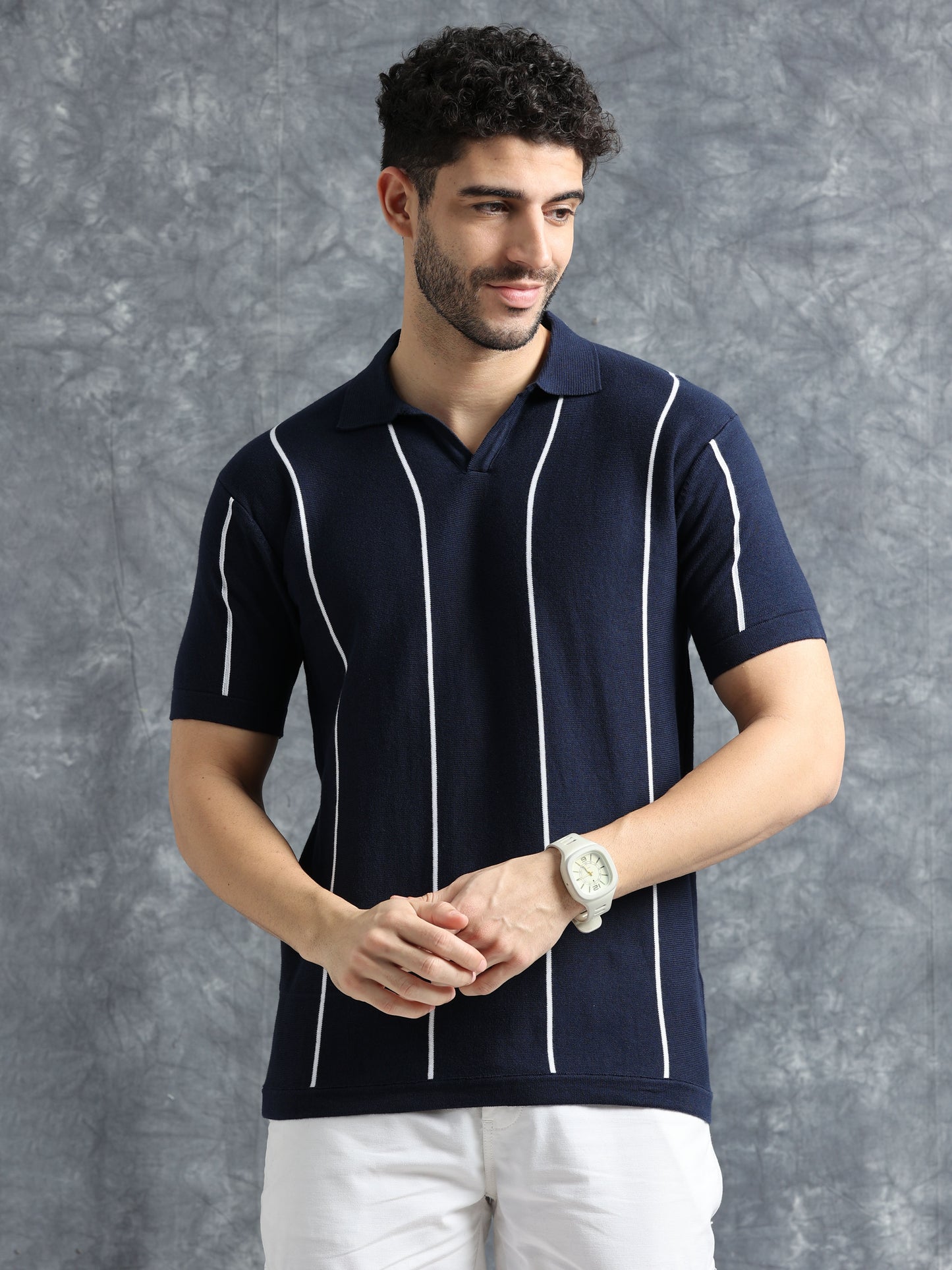Classic Striped Polo Tee - Navy