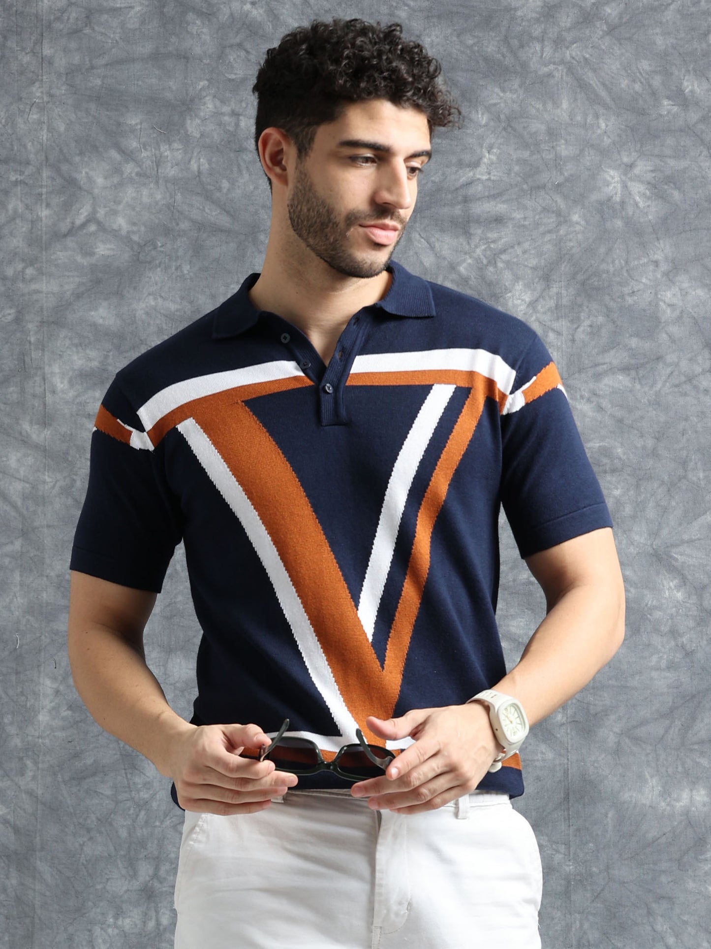 Classic V Design Polo Tee - Navy & Brown