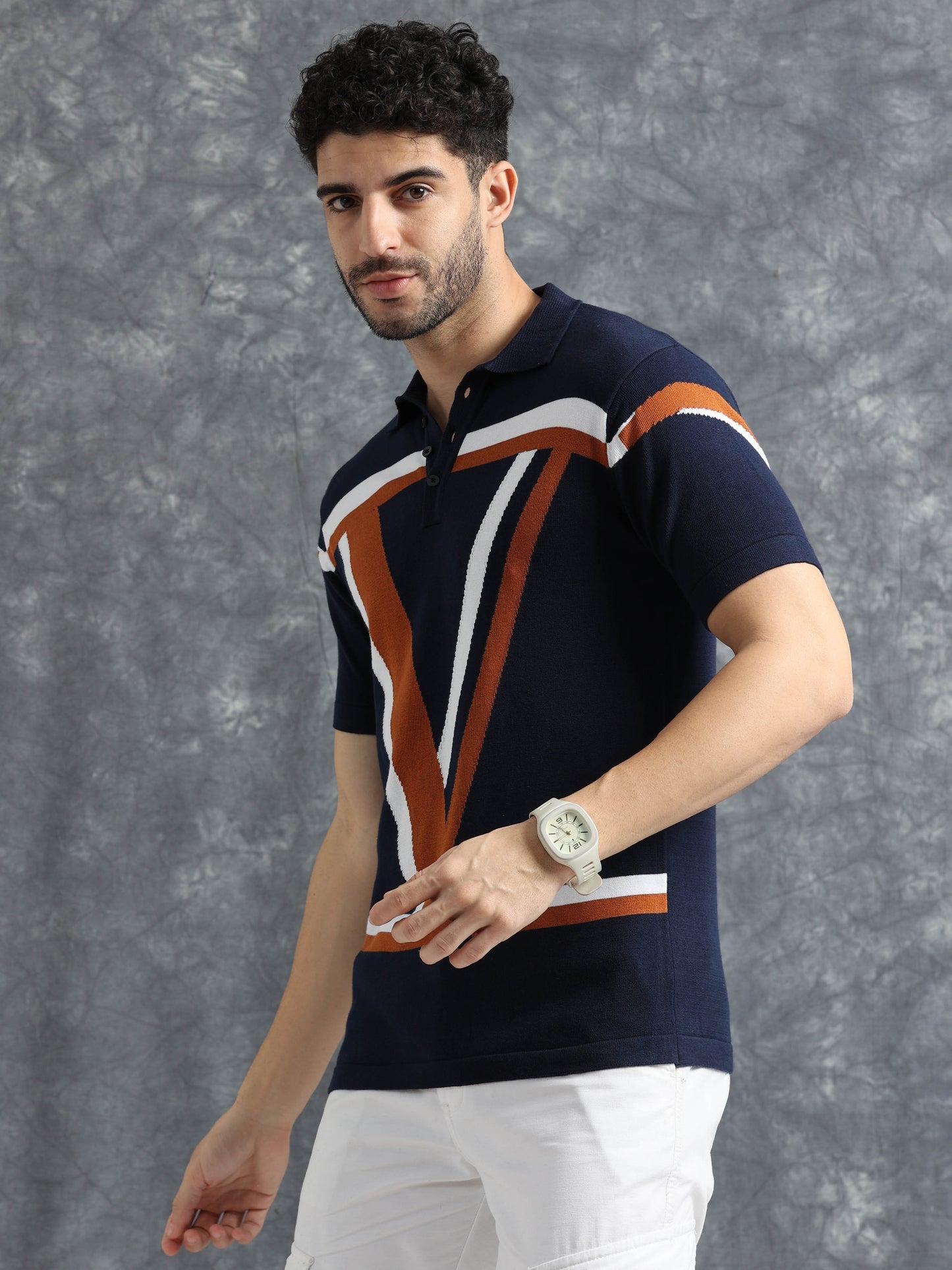 Classic V Design Polo Tee - Navy & Brown
