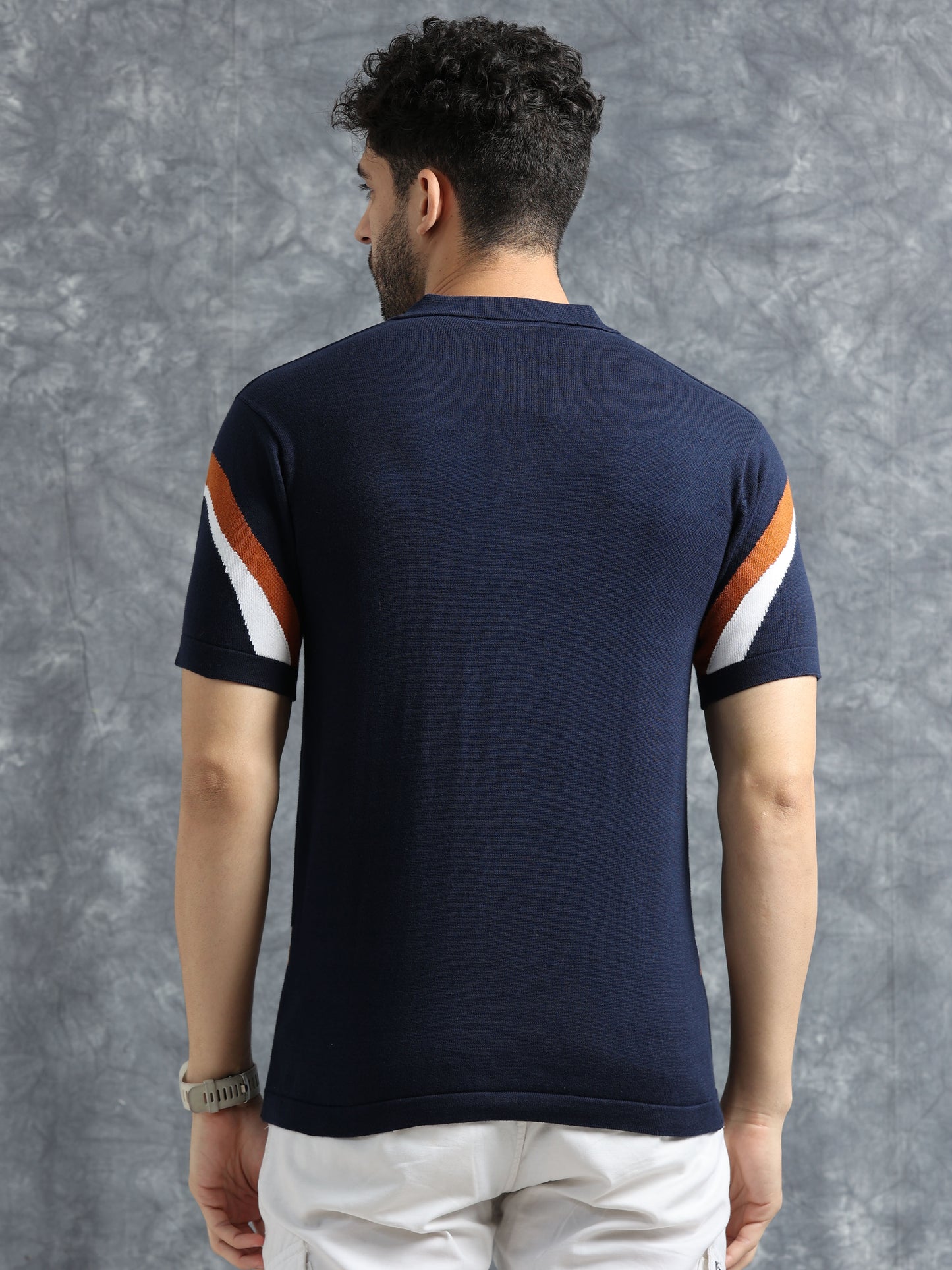 Classic V Design Polo Tee - Navy & Brown