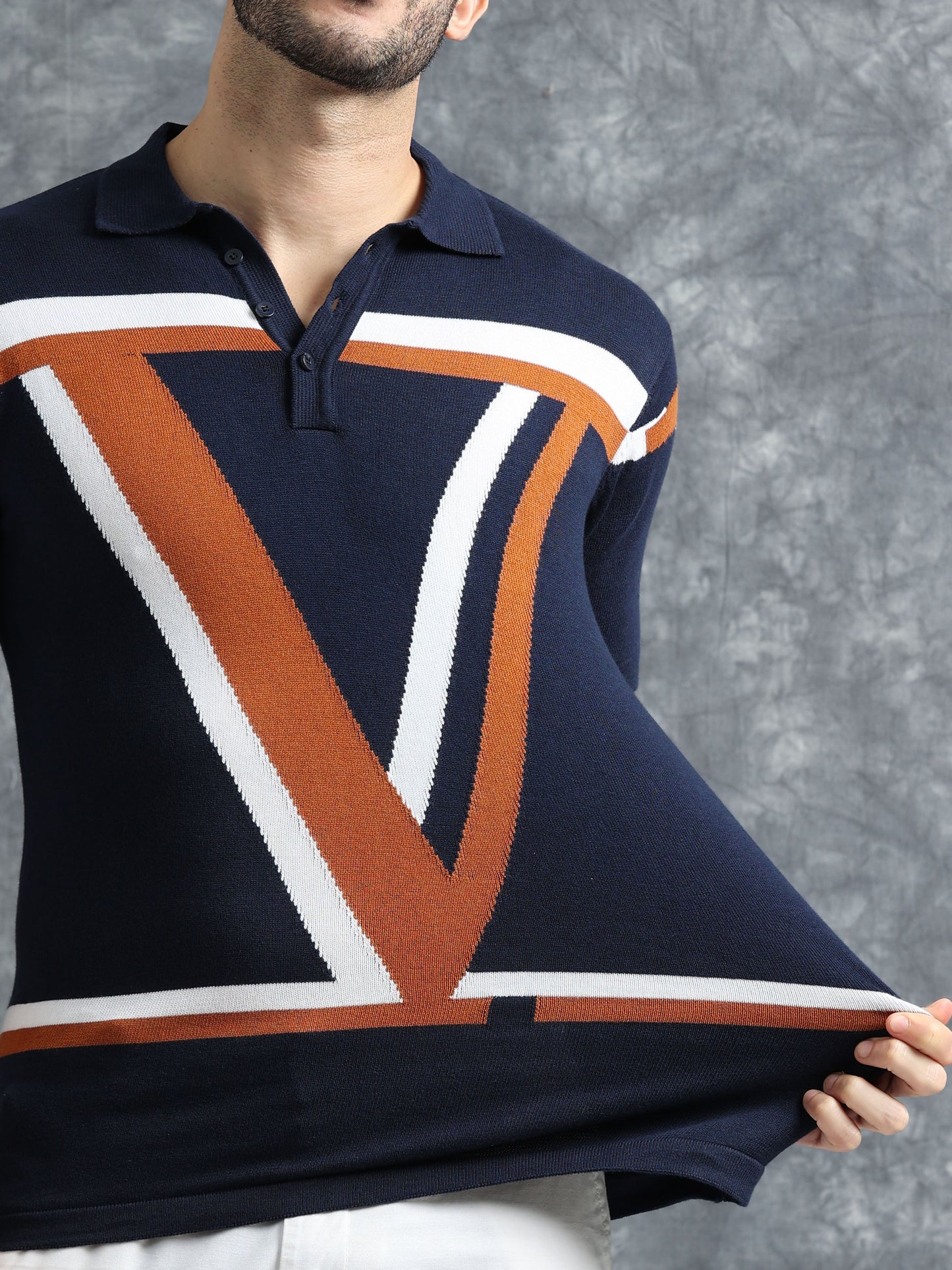 Classic V Design Polo Tee - Navy & Brown