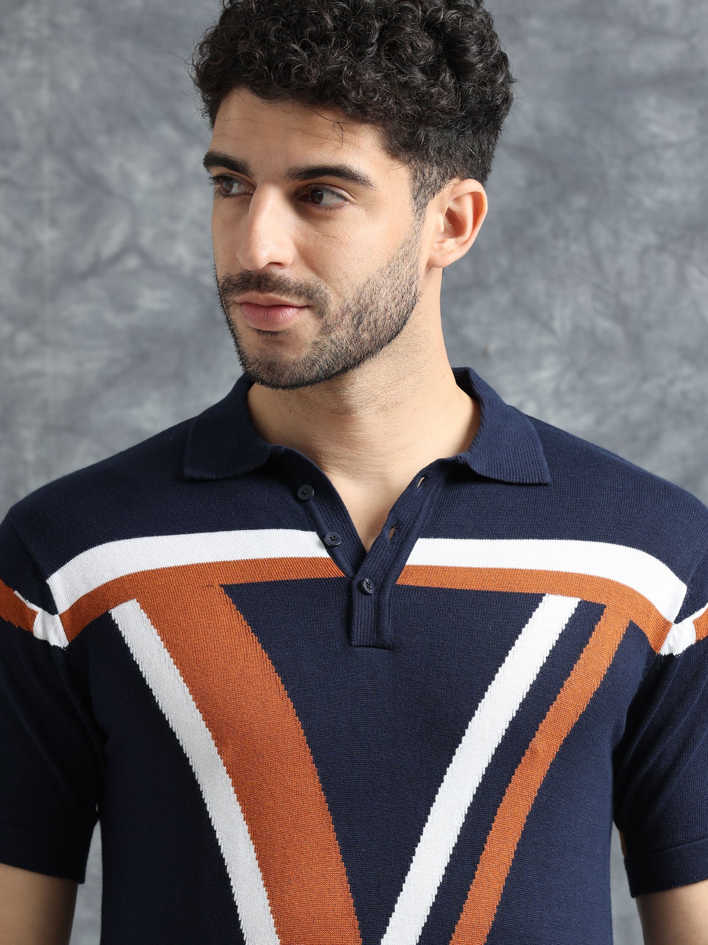 Classic V Design Polo Tee - Navy & Brown