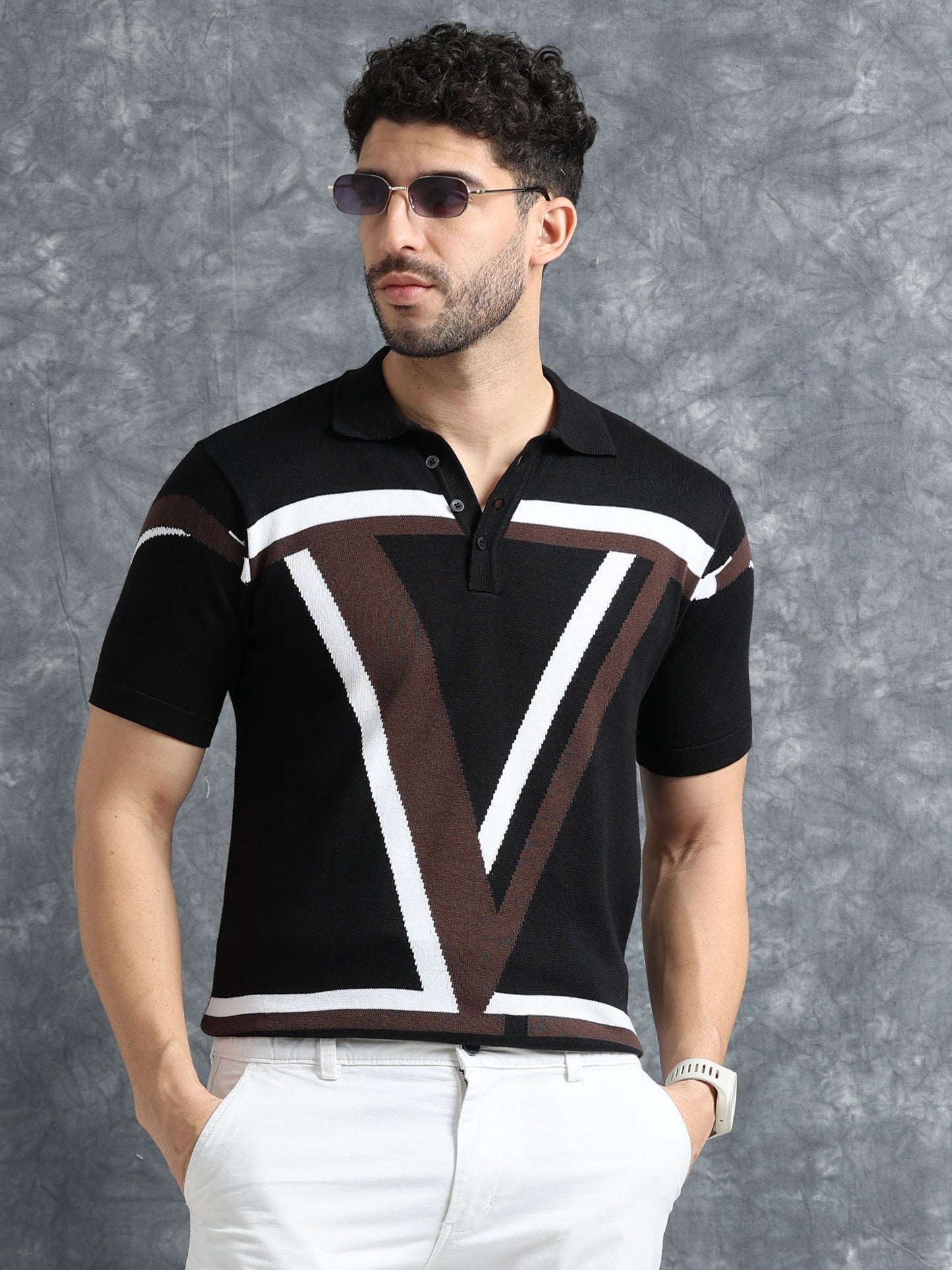 Classic V Design Polo Tee - Navy & Coca