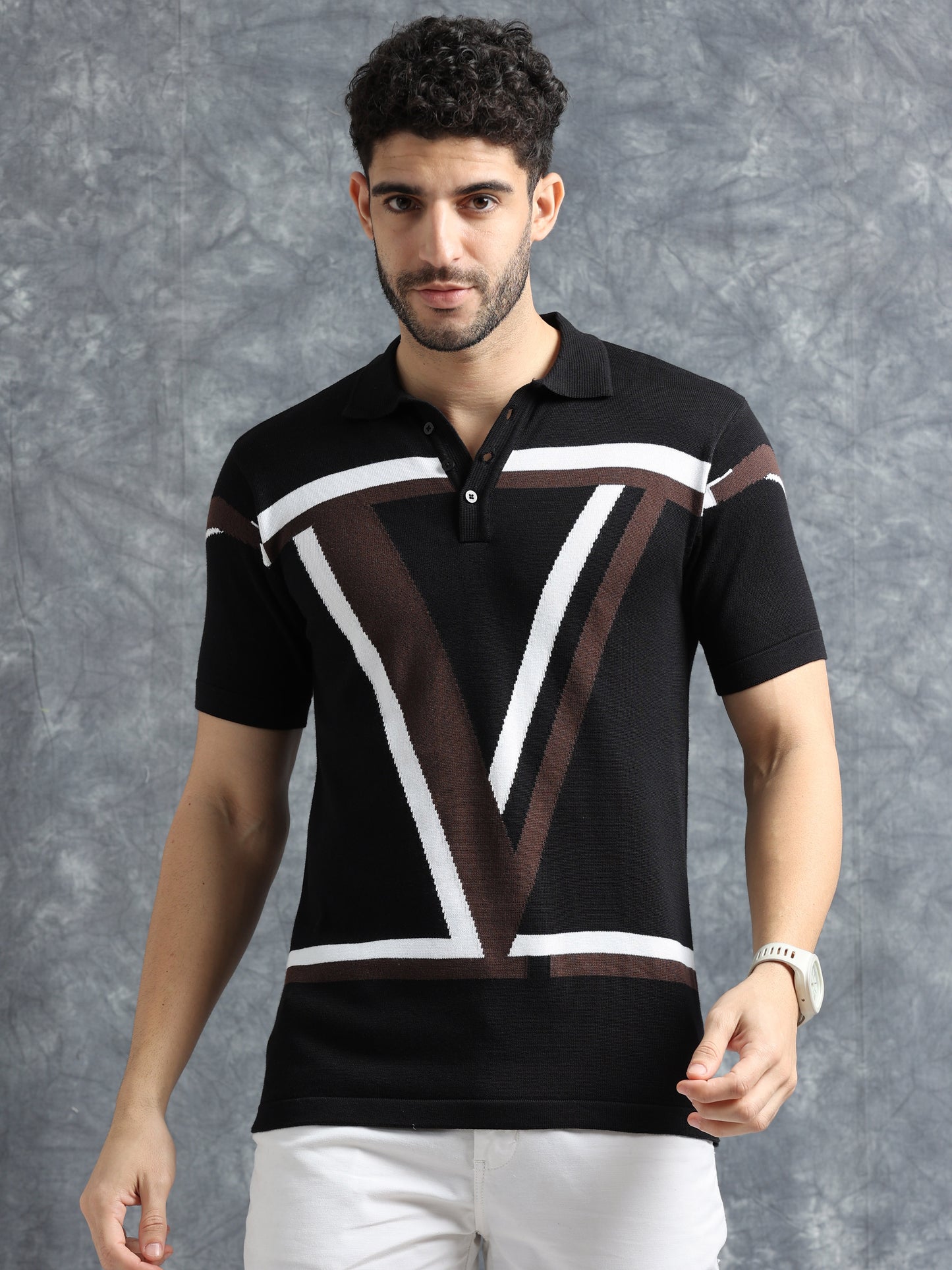 Classic V Design Polo Tee - Navy & Coca