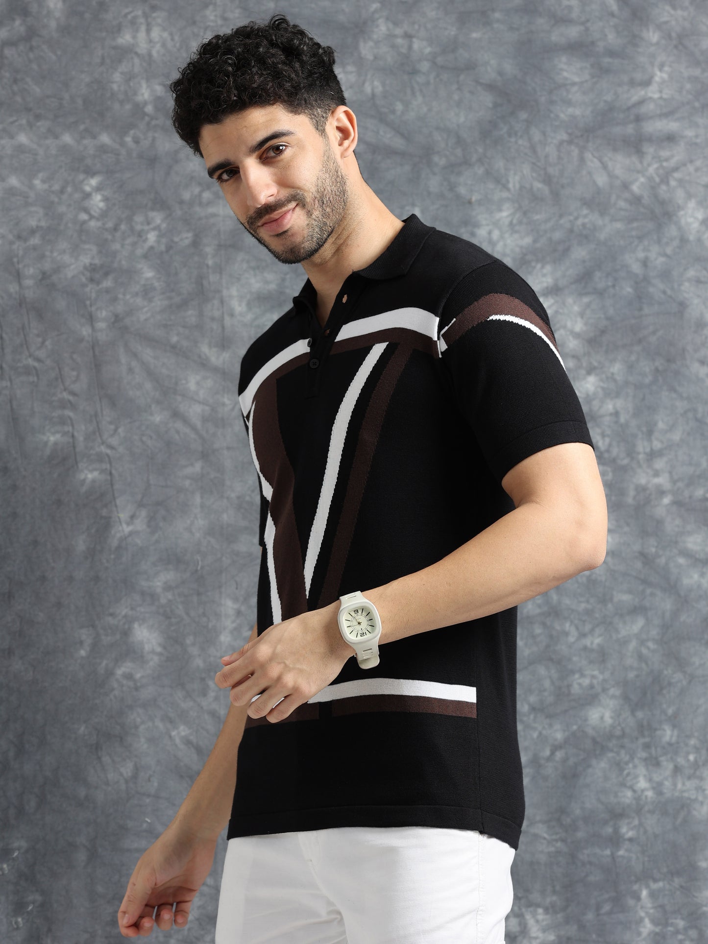 Classic V Design Polo Tee - Navy & Coca
