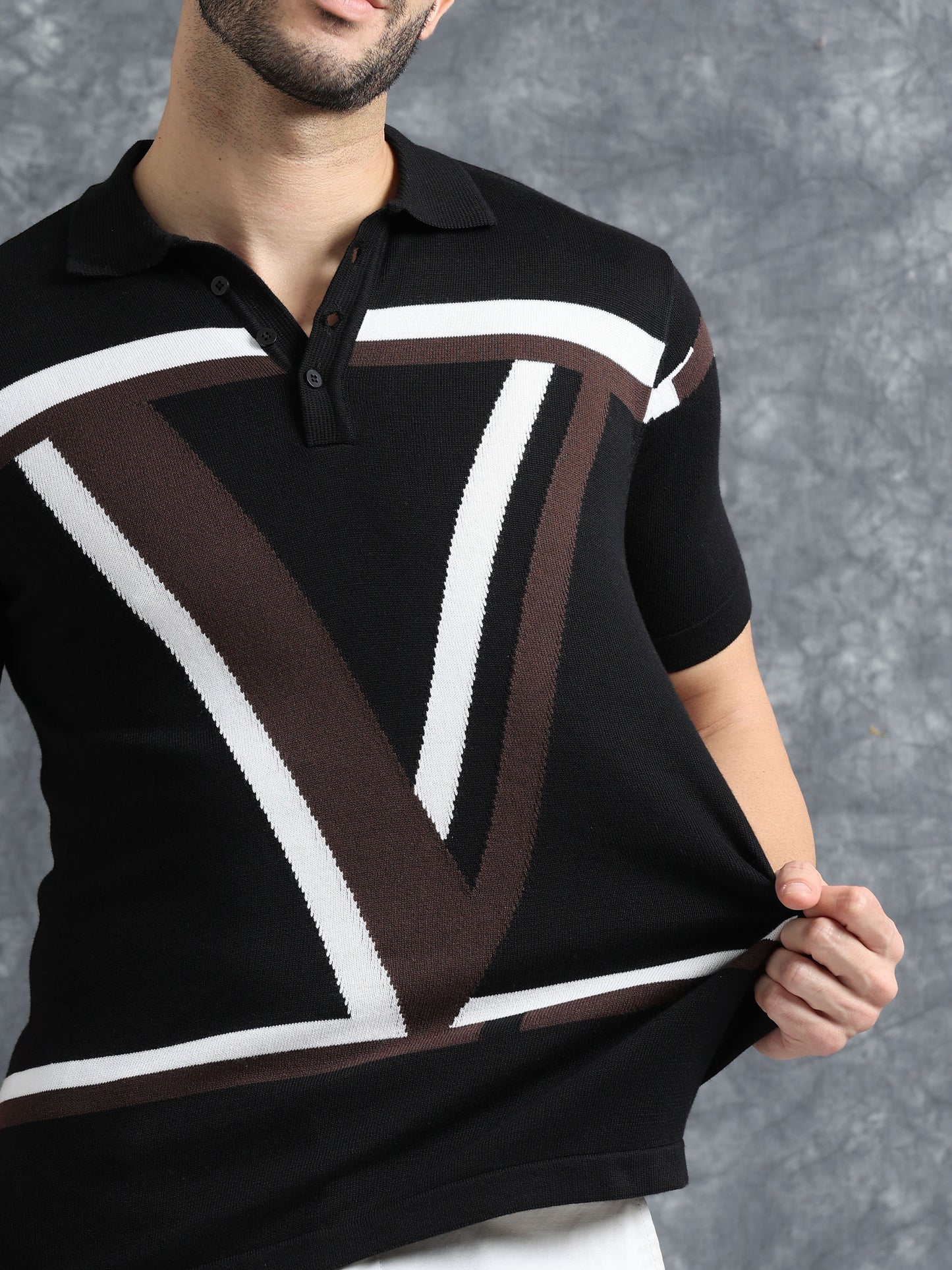Classic V Design Polo Tee - Navy & Coca
