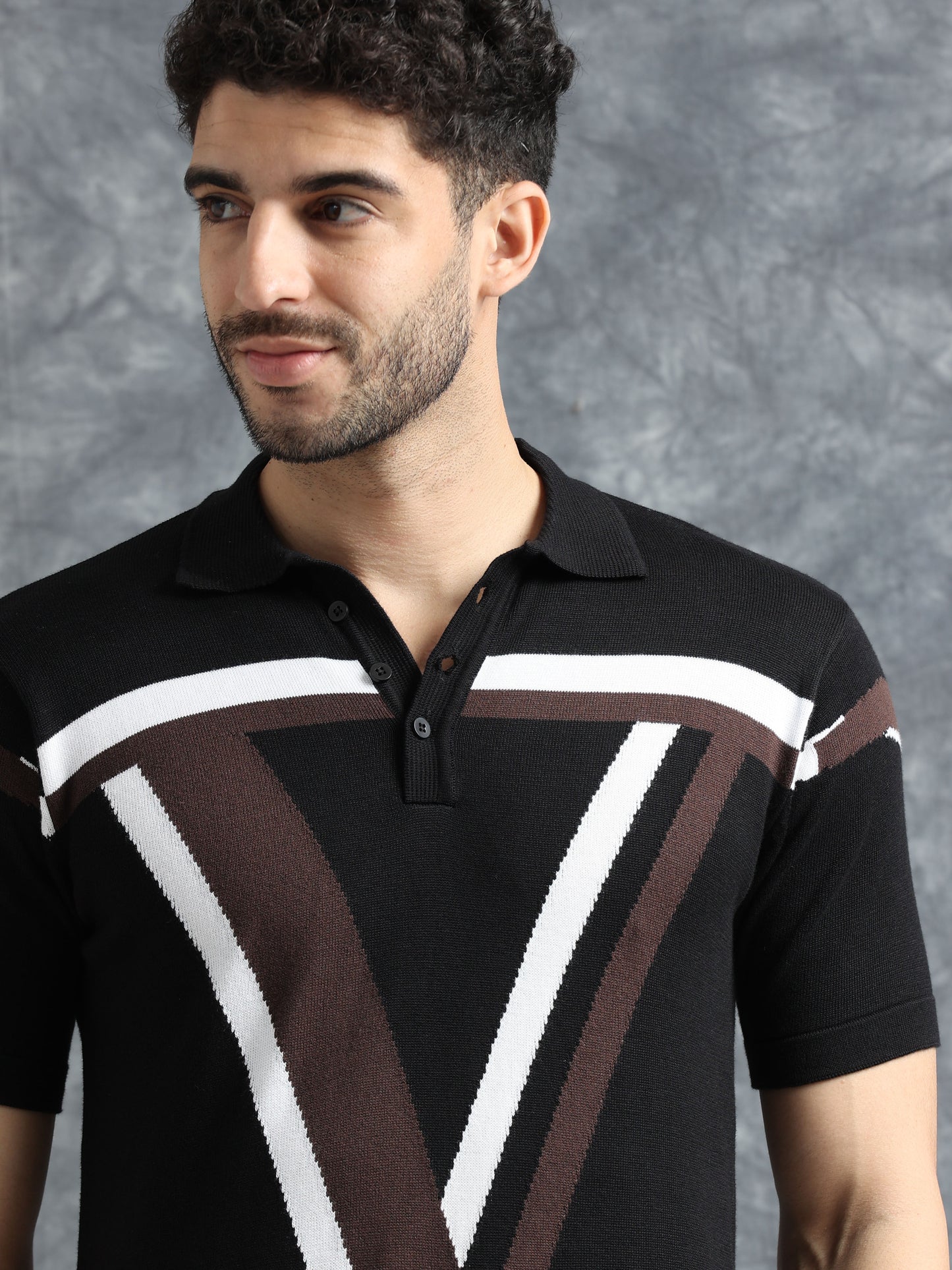 Classic V Design Polo Tee - Navy & Coca