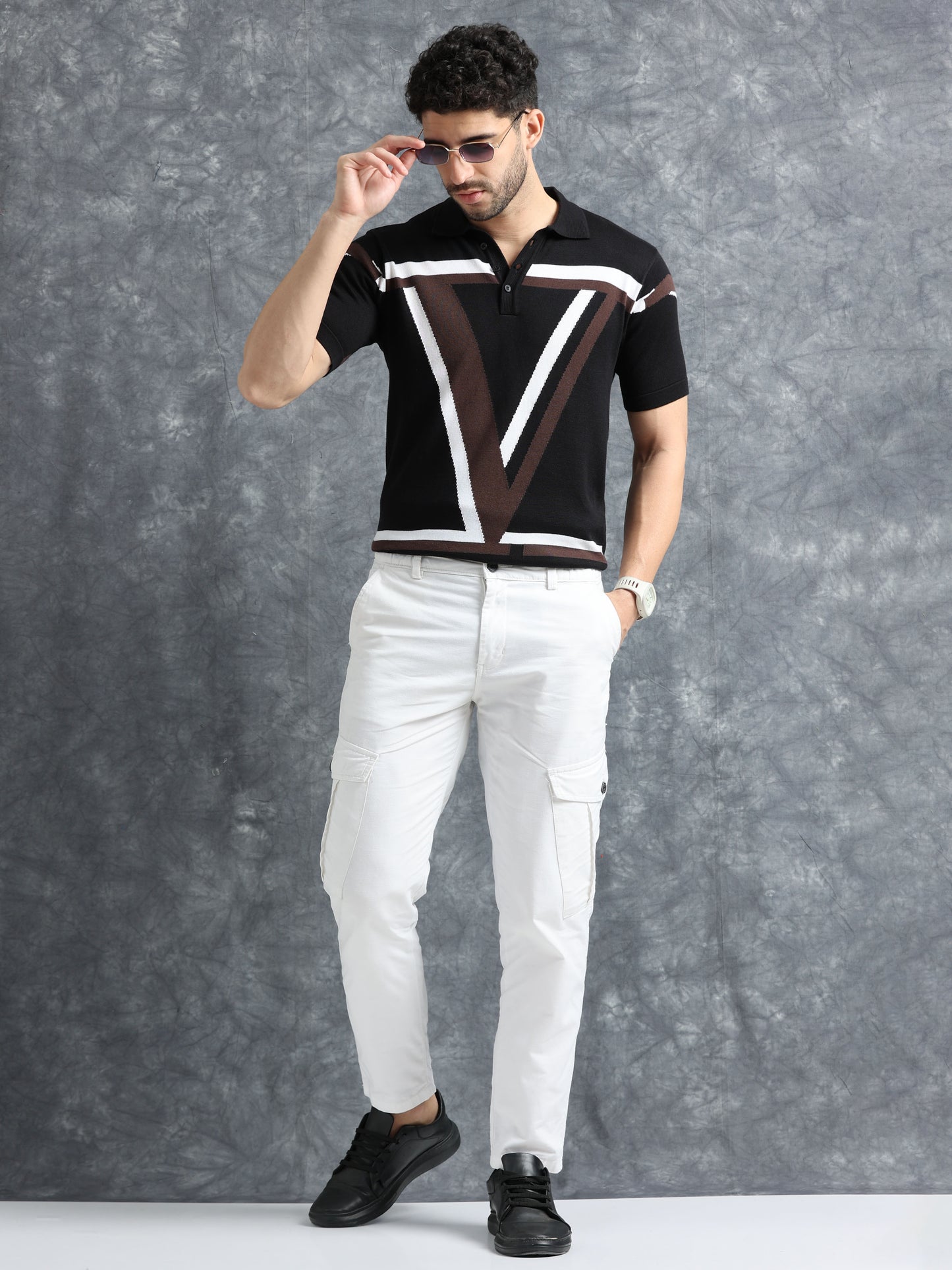 Classic V Design Polo Tee - Navy & Coca