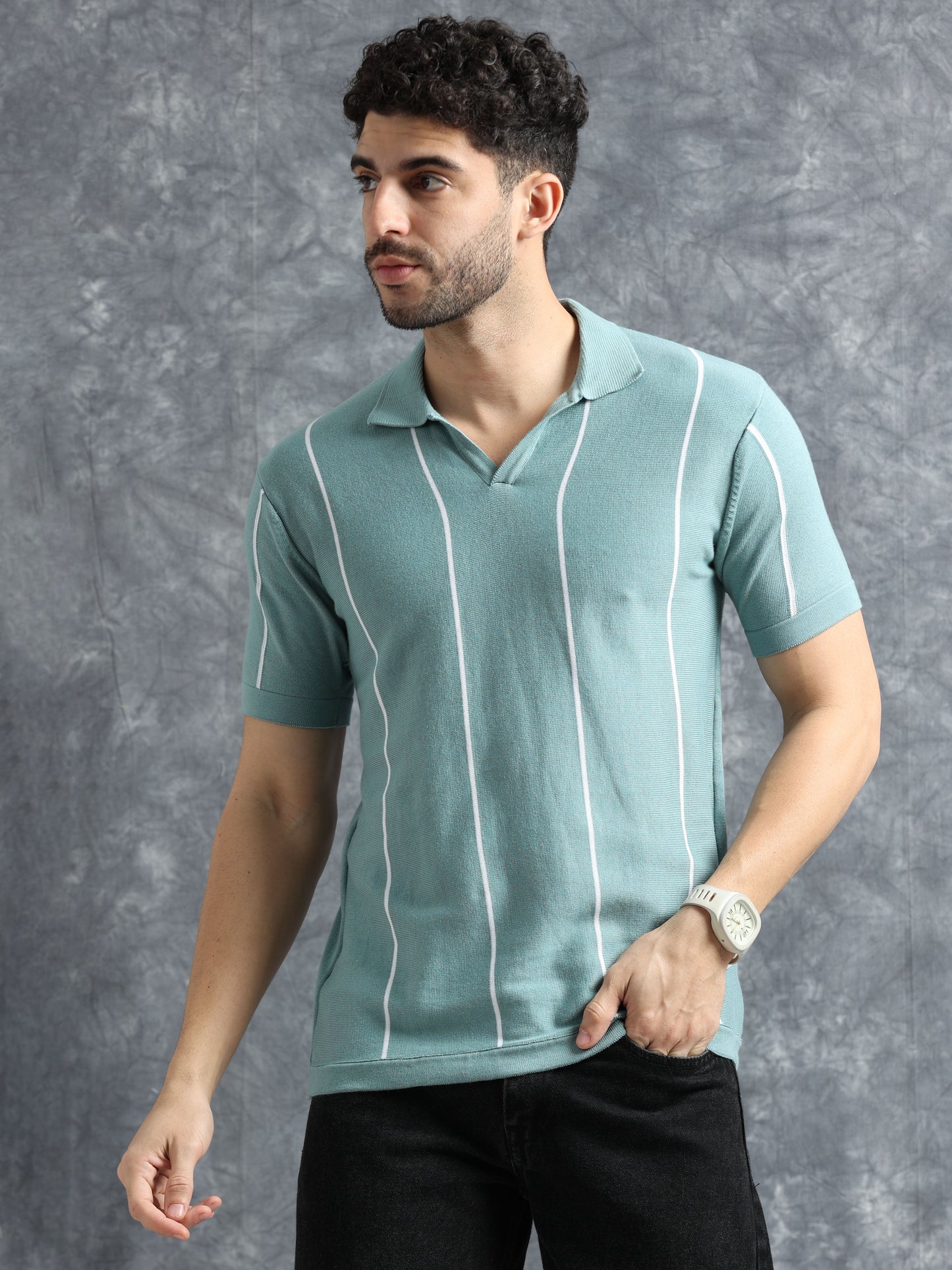 Classic Striped Polo Tee - Skyblue