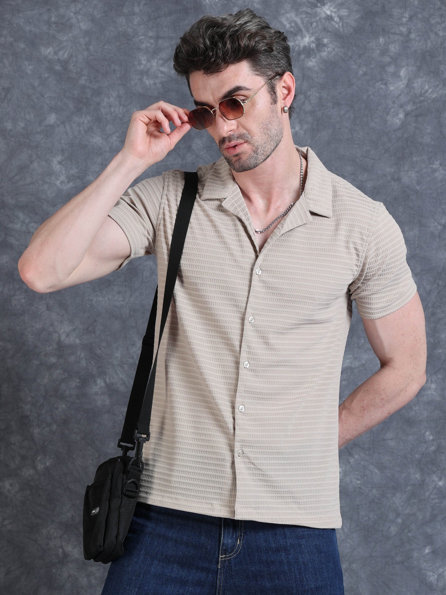 Imported Taiwan Sunset Plaid Textured Shirt -Beige
