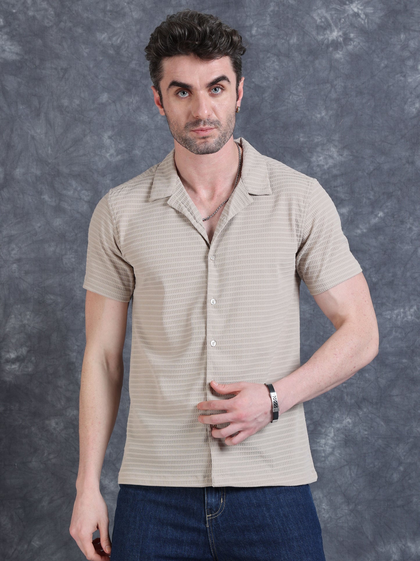 Imported Taiwan Sunset Plaid Textured Shirt -Beige
