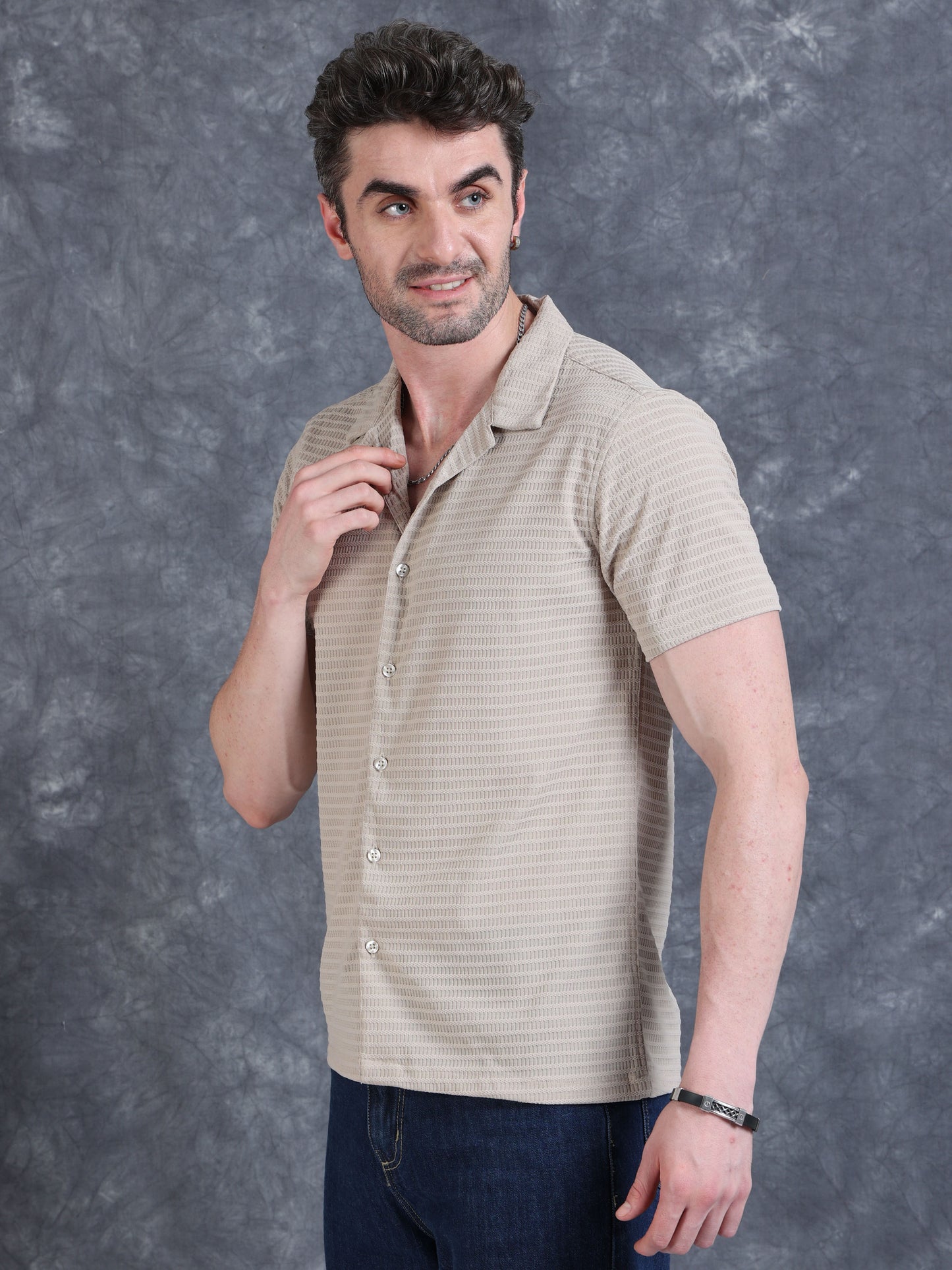 Imported Taiwan Sunset Plaid Textured Shirt -Beige