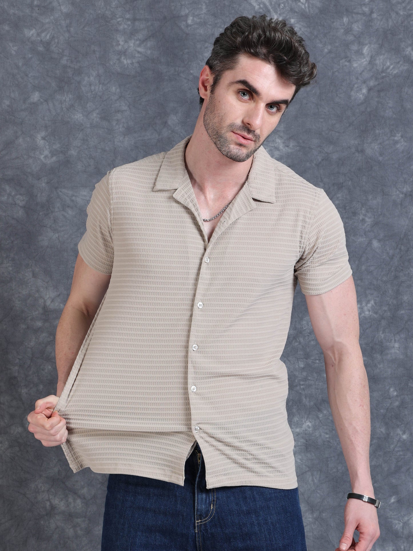 Imported Taiwan Sunset Plaid Textured Shirt -Beige